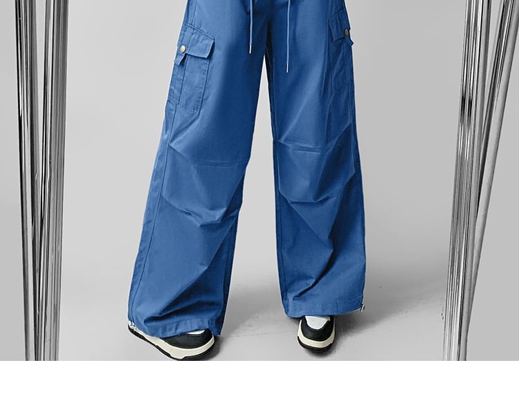 Drawstring Waist Plain Wide Leg Cargo Pants (Various Designs)