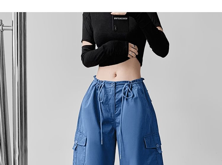Drawstring Waist Plain Wide Leg Cargo Pants (Various Designs)