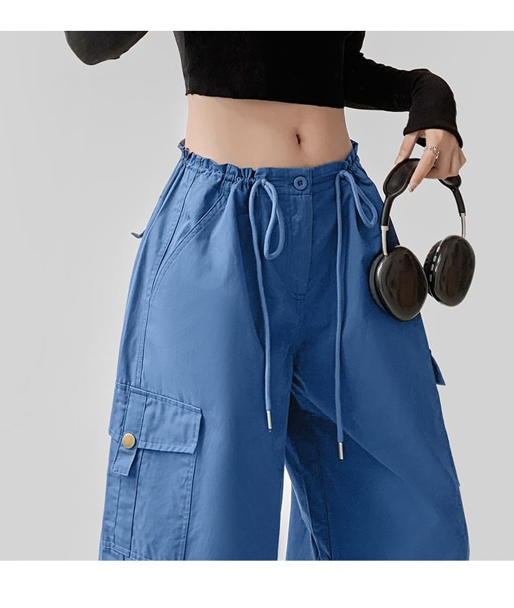Drawstring Waist Plain Wide Leg Cargo Pants (Various Designs)
