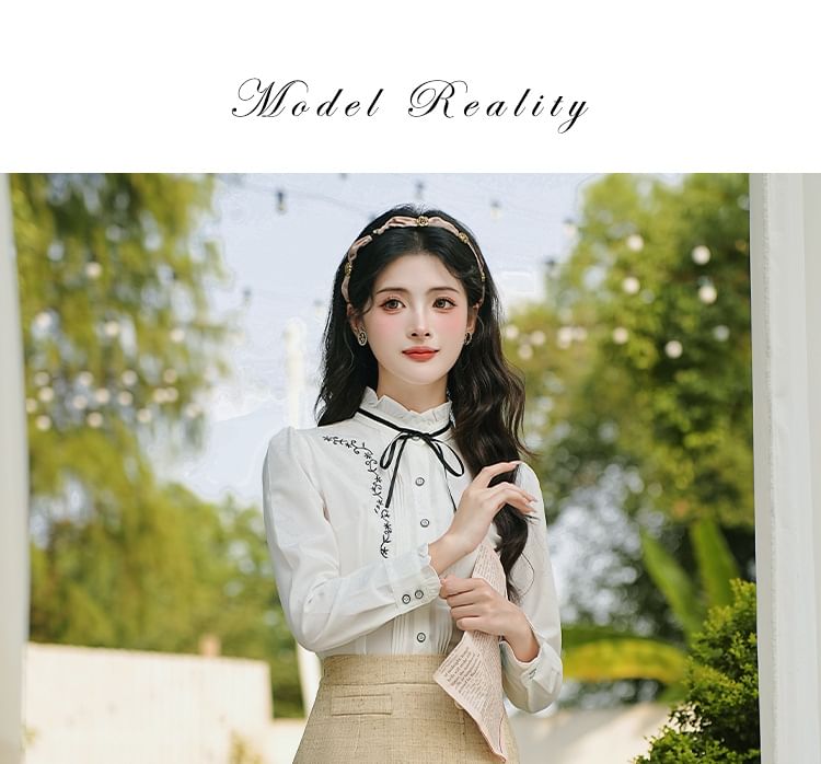 Long Sleeve Stand Collar Floral Embroidered Bow Frill Blouse / V-Neck Tweed Button Vest / High Rise Midi A-Line Skirt / Set