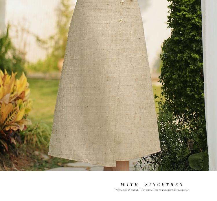 Long Sleeve Stand Collar Floral Embroidered Bow Frill Blouse / V-Neck Tweed Button Vest / High Rise Midi A-Line Skirt / Set