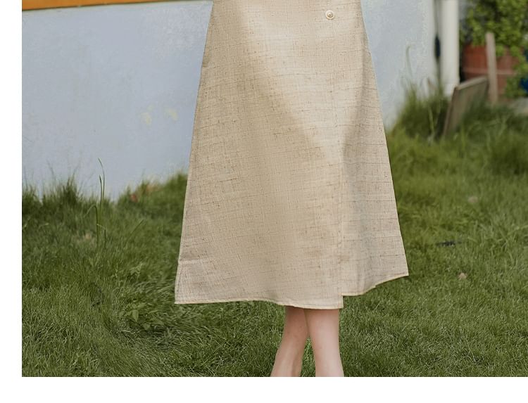 Long Sleeve Stand Collar Floral Embroidered Bow Frill Blouse / V-Neck Tweed Button Vest / High Rise Midi A-Line Skirt / Set