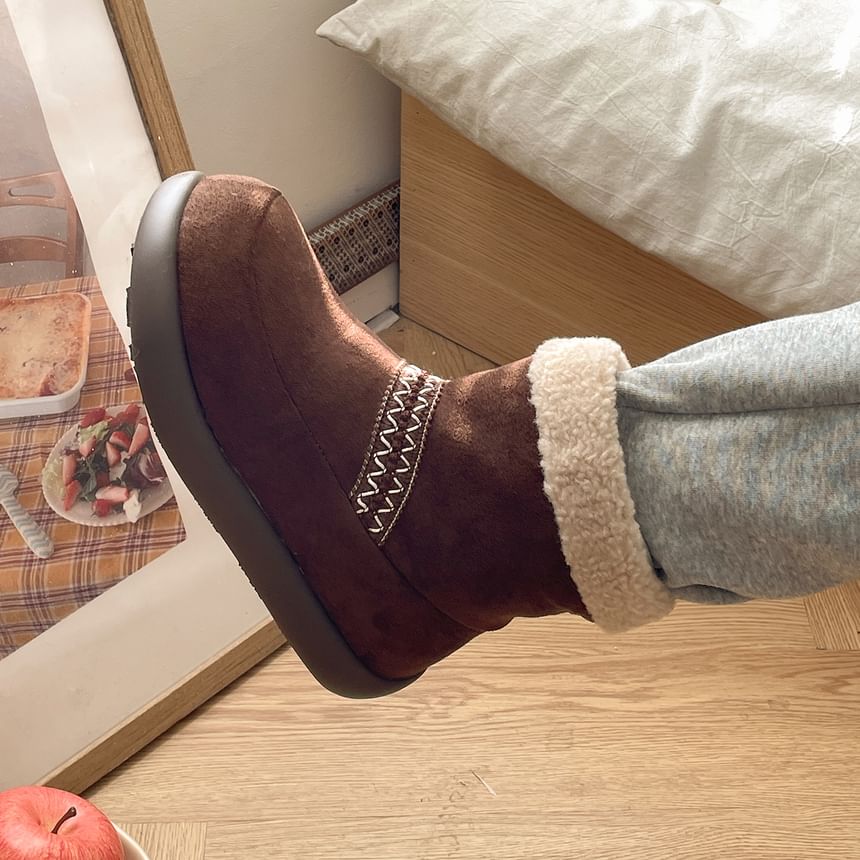 Platform Embroidered Fleece-Lined Faux Suede Short Snow Boots