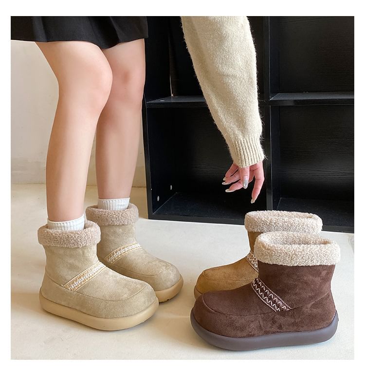 Platform Embroidered Fleece-Lined Faux Suede Short Snow Boots