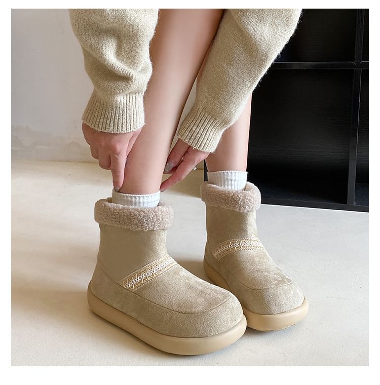 Platform Embroidered Fleece-Lined Faux Suede Short Snow Boots