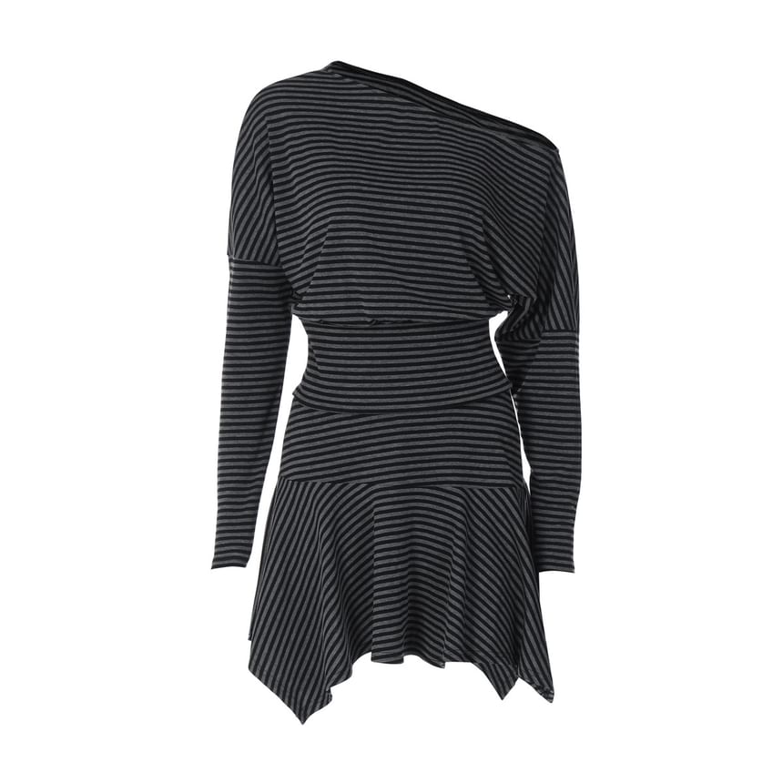 Striped Long-Sleeve Slim Cropped Tee & Asymmetric Mini Skirt Set