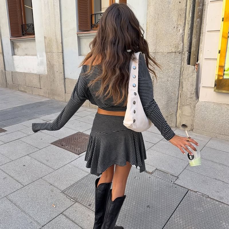 Striped Long-Sleeve Slim Cropped Tee & Asymmetric Mini Skirt Set