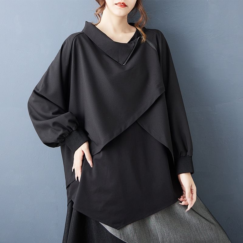 Asymmetric Zip Accent Long Sleeve Blouse & High Waist Paneled Midi A-Line Skirt