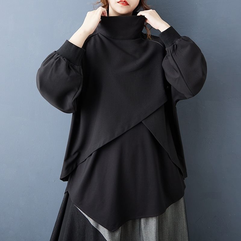 Asymmetric Zip Accent Long Sleeve Blouse & High Waist Paneled Midi A-Line Skirt