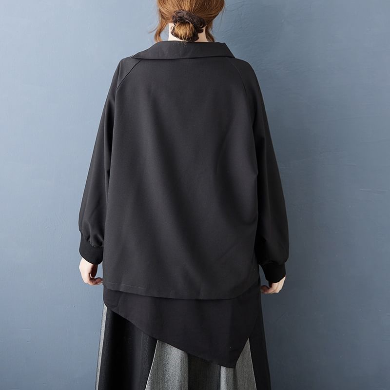 Asymmetric Zip Accent Long Sleeve Blouse & High Waist Paneled Midi A-Line Skirt