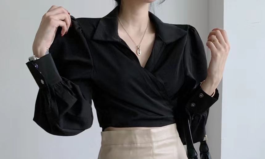 Collared V-Neck Long-Sleeve Plain Wrap Crop Blouse