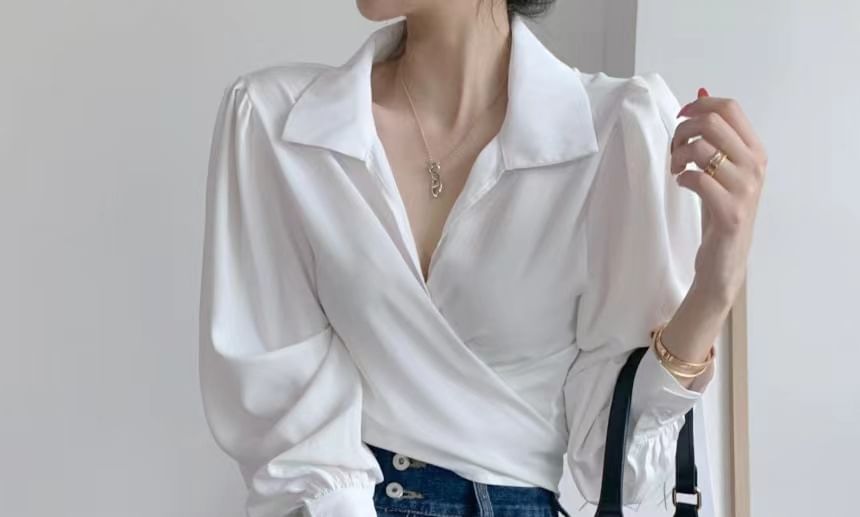 Collared V-Neck Long-Sleeve Plain Wrap Crop Blouse