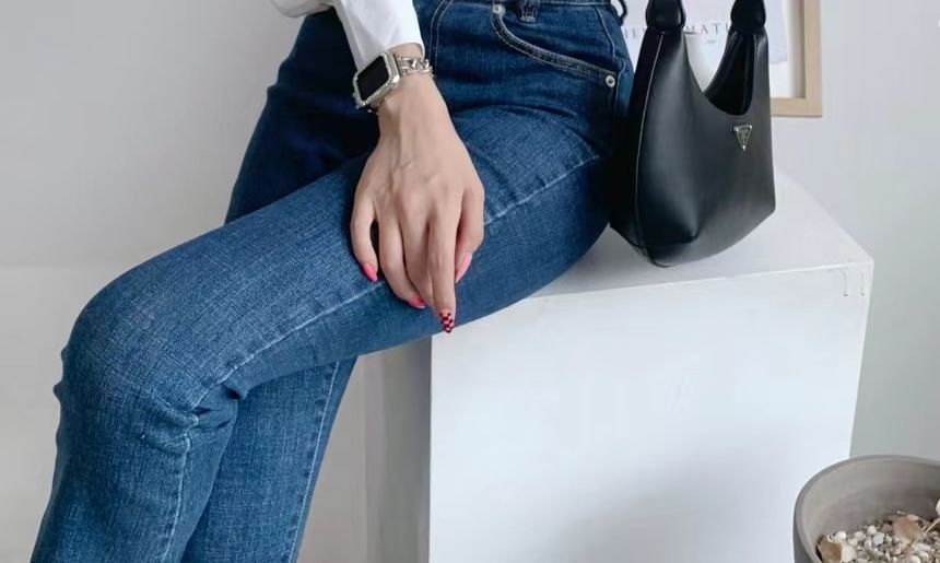 Collared V-Neck Long-Sleeve Plain Wrap Crop Blouse