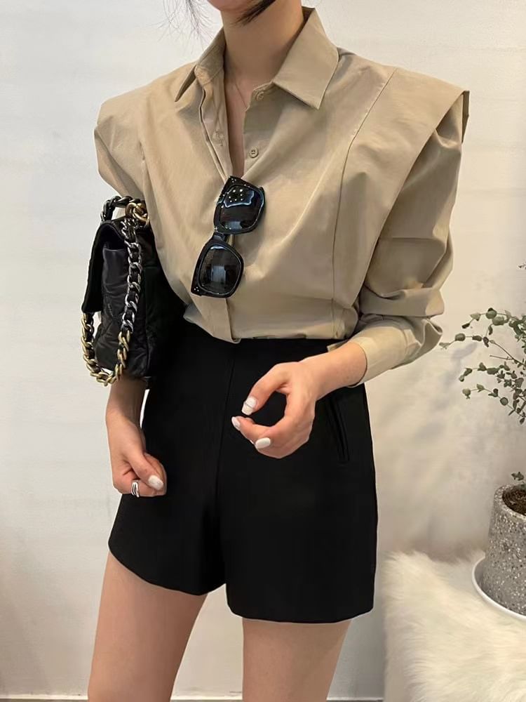 Collared Long-Sleeve Button-Up Plain Blouse