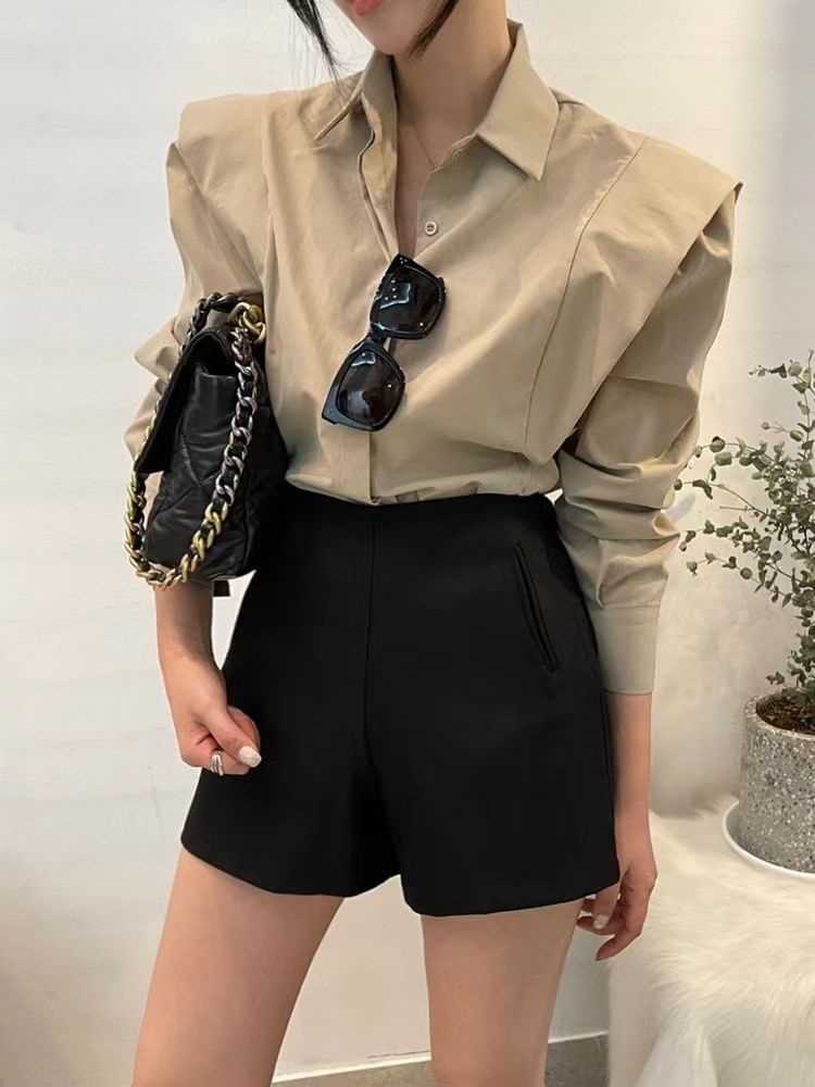 Collared Long-Sleeve Button-Up Plain Blouse