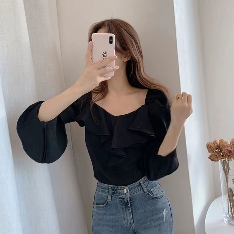 V-Neck Long-Sleeve Plain Ruffle-Trim Blouse