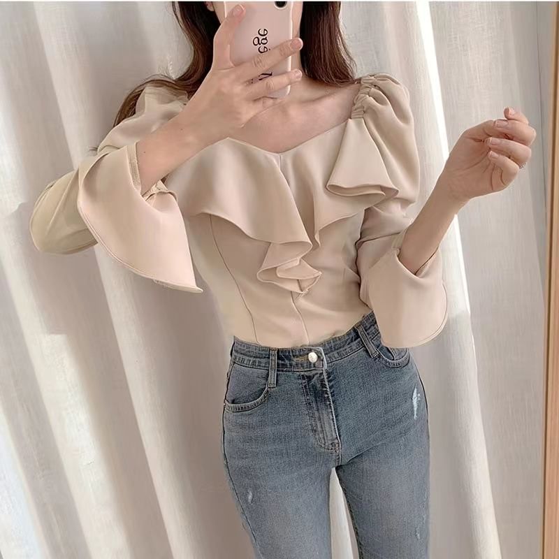 V-Neck Long-Sleeve Plain Ruffle-Trim Blouse