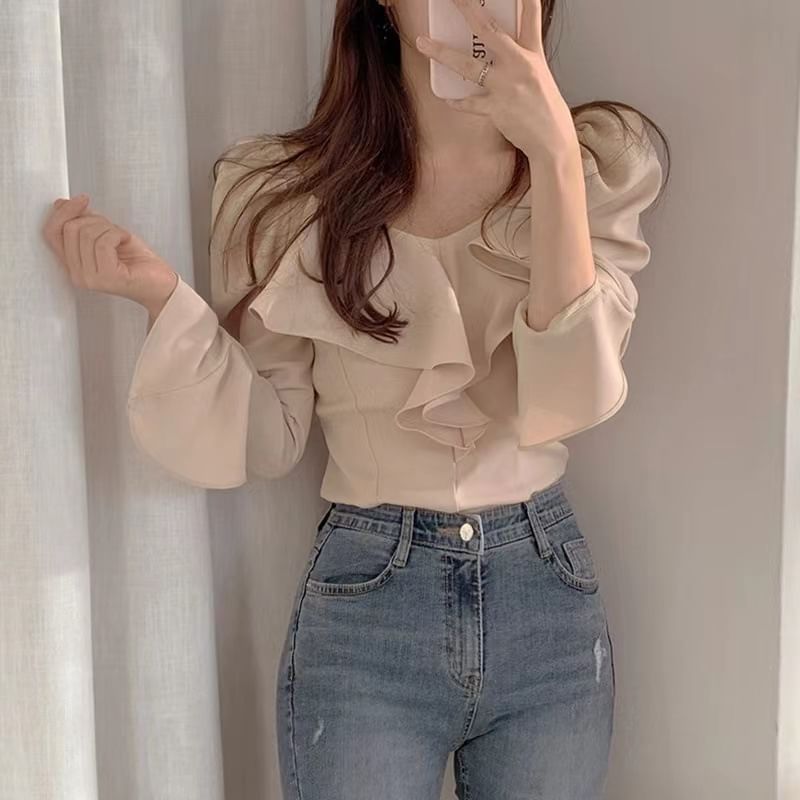 V-Neck Long-Sleeve Plain Ruffle-Trim Blouse