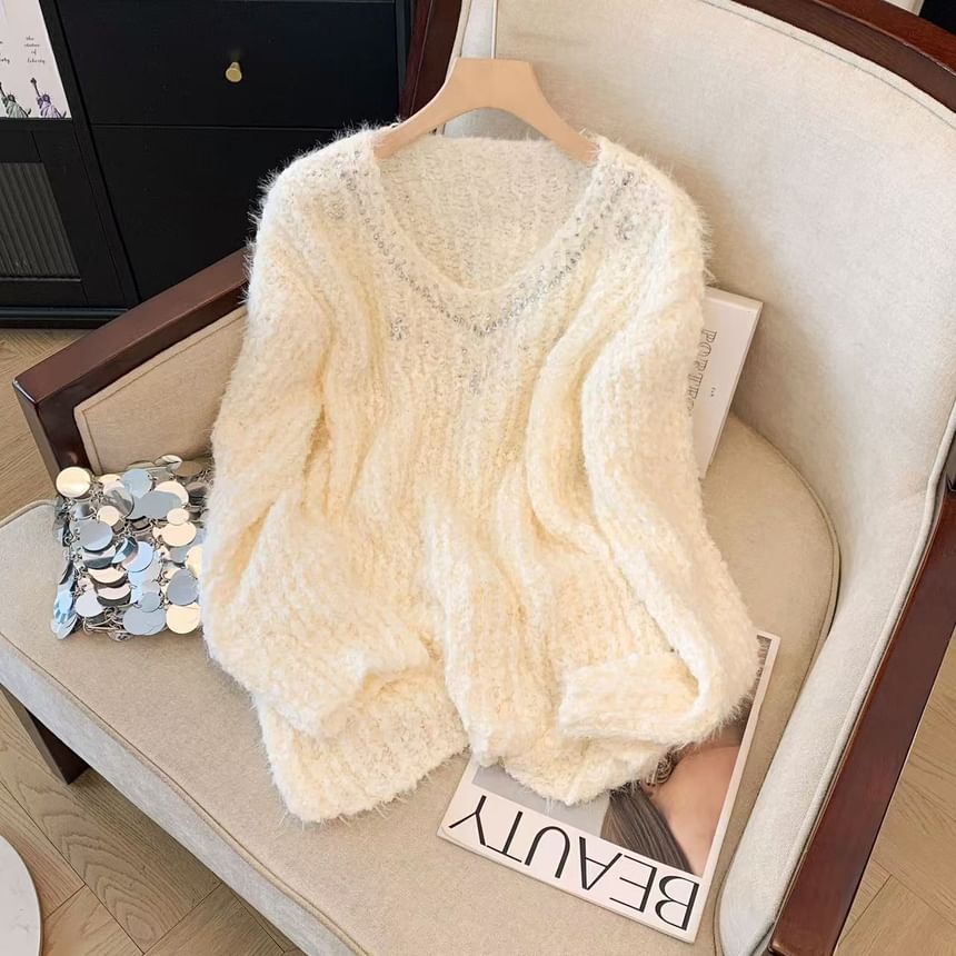 V-Neck Rhinestone-Embellished Sweater