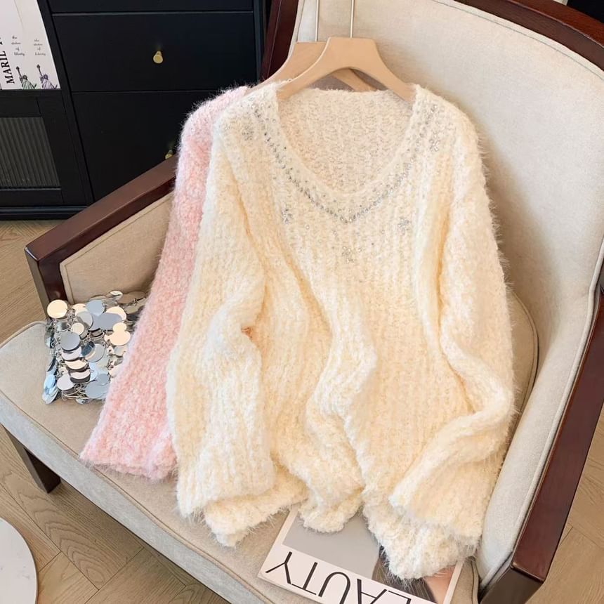V-Neck Rhinestone-Embellished Sweater