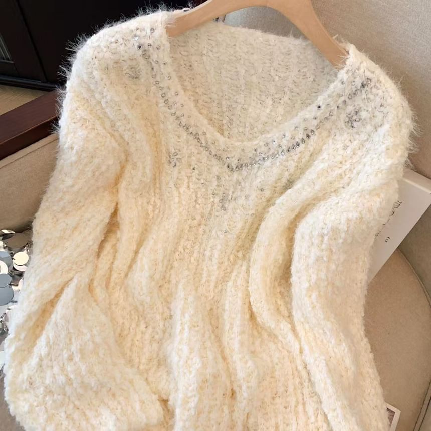 V-Neck Rhinestone-Embellished Sweater