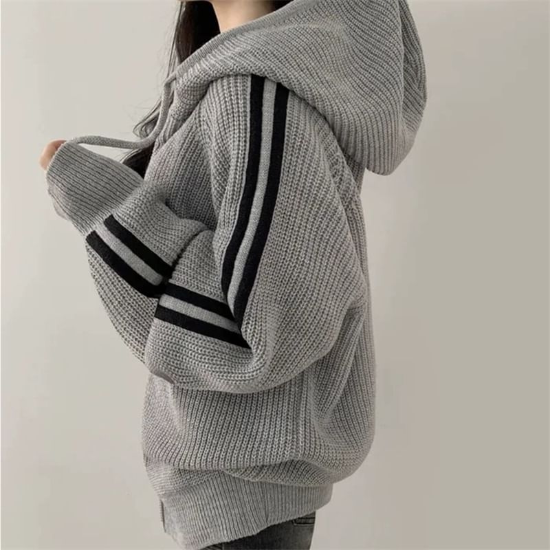 Striped Side Zip-Up Knitted Hoodie