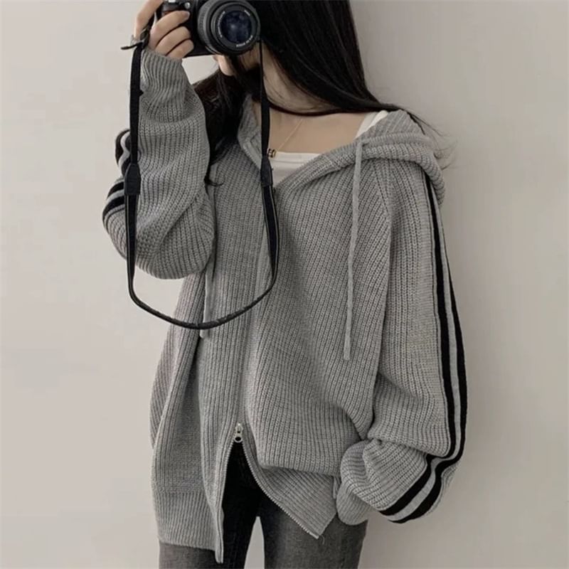 Striped Side Zip-Up Knitted Hoodie