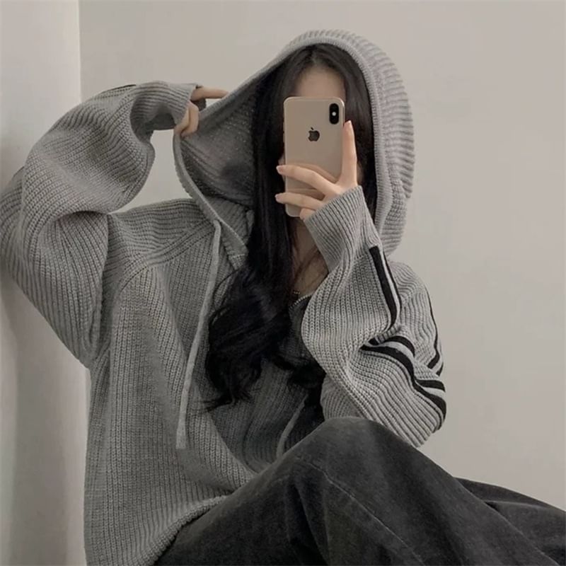 Striped Side Zip-Up Knitted Hoodie