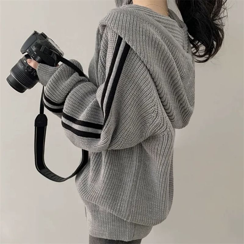 Striped Side Zip-Up Knitted Hoodie