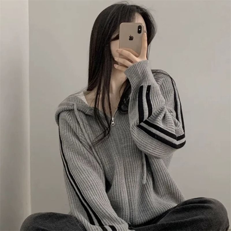 Striped Side Zip-Up Knitted Hoodie