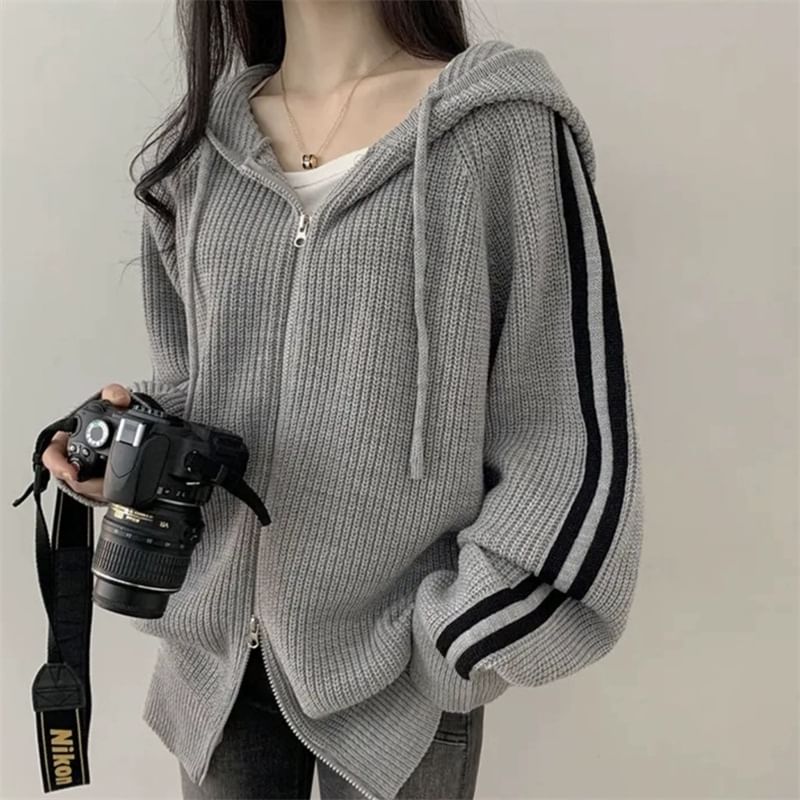 Striped Side Zip-Up Knitted Hoodie