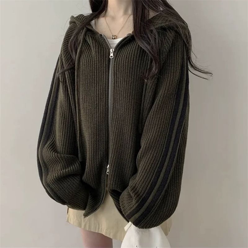 Striped Side Zip-Up Knitted Hoodie