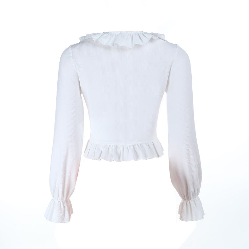 Ruffled-Trim V-Neck Puff Sleeve Plain Blouse