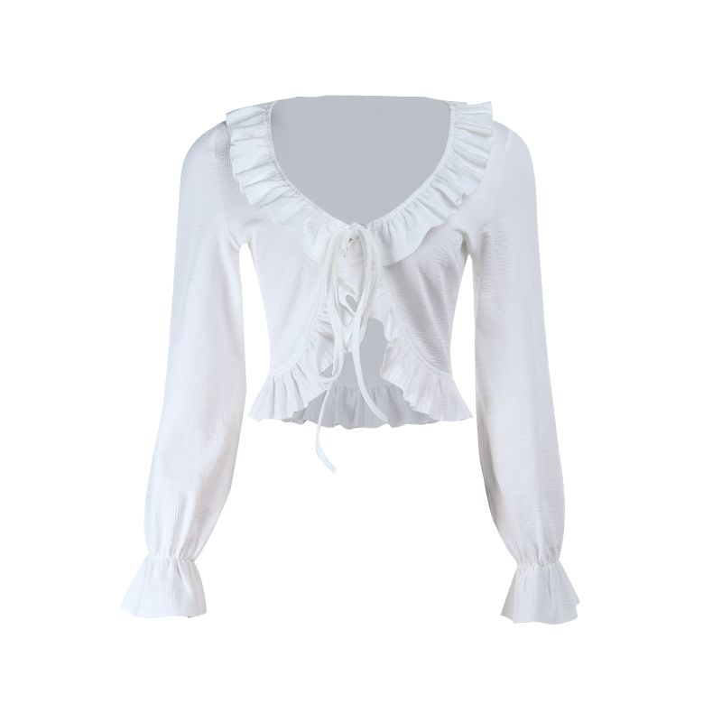 Ruffled-Trim V-Neck Puff Sleeve Plain Blouse