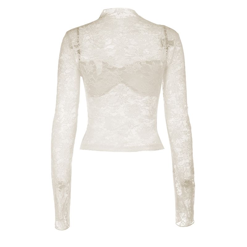 Mock Neck Lace See-Through Slim-Fit Long Sleeve Top