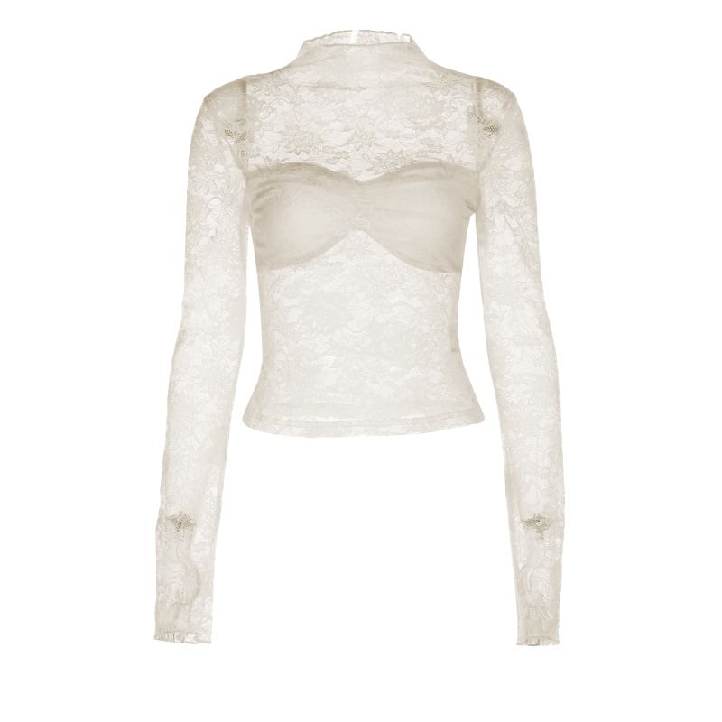 Mock Neck Lace See-Through Slim-Fit Long Sleeve Top