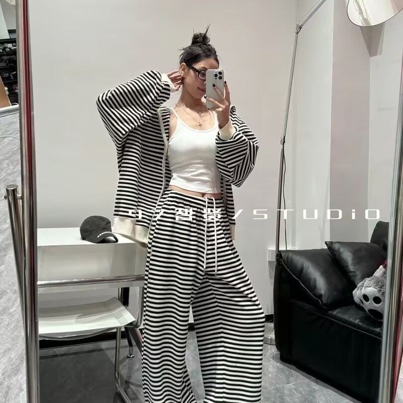 Striped Zip-Up Hoodie & Drawstring Baggy Pants Set