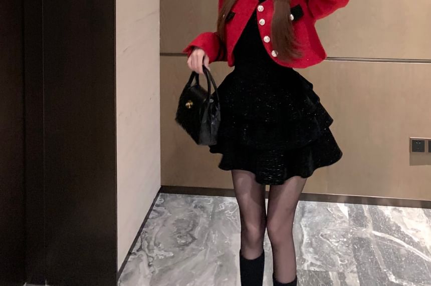 Tweed Button-Up Jacket / Long-Sleeve Sequined Ruffled Mini A-Line Layered Velvet Dress