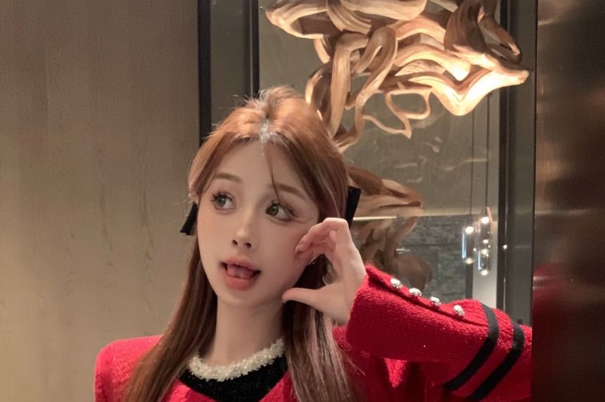 Tweed Button-Up Jacket / Long-Sleeve Sequined Ruffled Mini A-Line Layered Velvet Dress