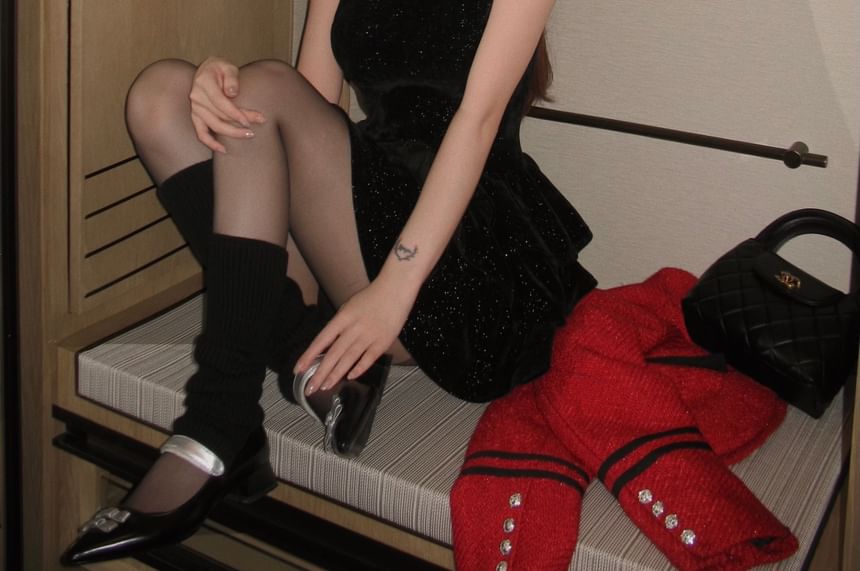 Tweed Button-Up Jacket / Long-Sleeve Sequined Ruffled Mini A-Line Layered Velvet Dress