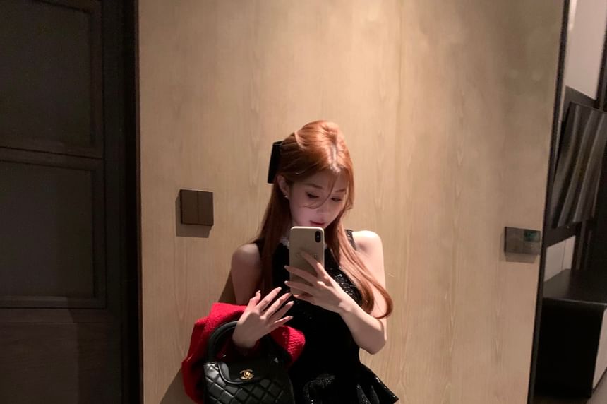 Tweed Button-Up Jacket / Long-Sleeve Sequined Ruffled Mini A-Line Layered Velvet Dress