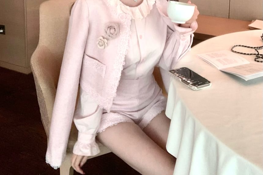 Long-Sleeve Ruffle Collar Button-Up Blouse / High Waist Tweed Shorts / Lace-Trim Jacket / Floral Brooch / Set