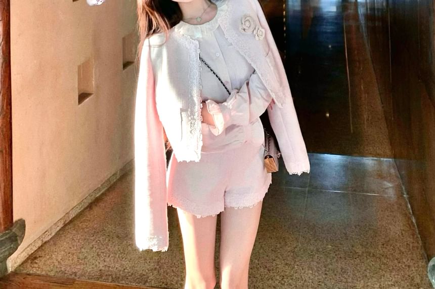 Long-Sleeve Ruffle Collar Button-Up Blouse / High Waist Tweed Shorts / Lace-Trim Jacket / Floral Brooch / Set