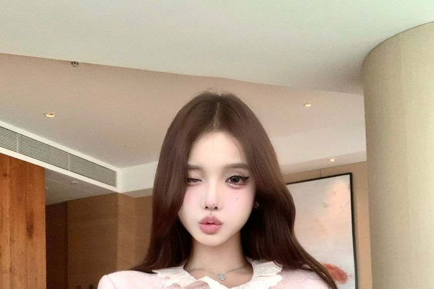 Long-Sleeve Ruffle Collar Button-Up Blouse / High Waist Tweed Shorts / Lace-Trim Jacket / Floral Brooch / Set