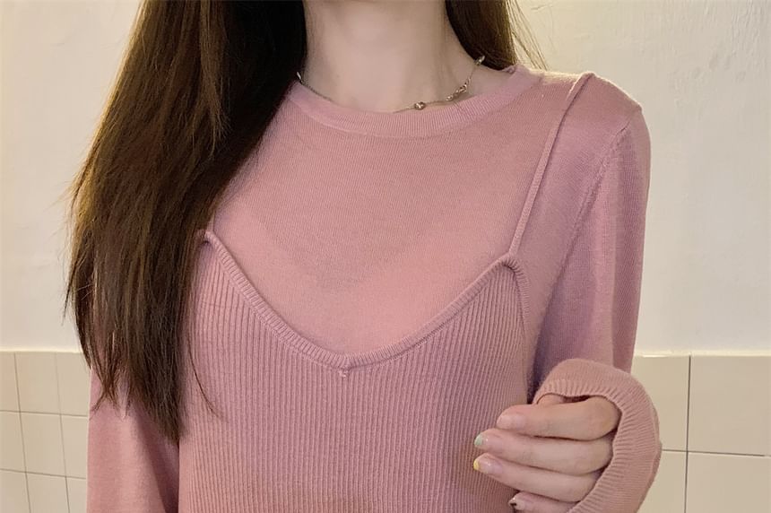 Mock Two-Piece Long Sleeve Crewneck Solid Knit Top