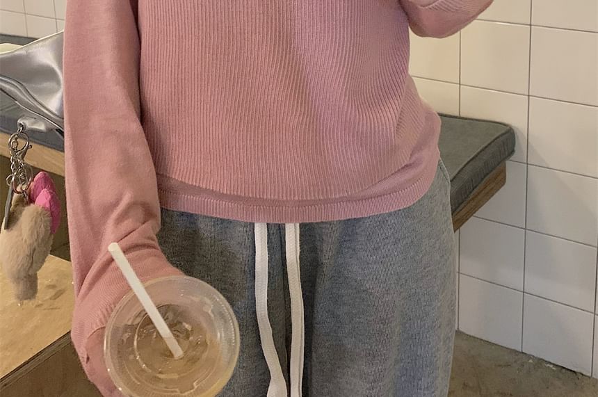 Mock Two-Piece Long Sleeve Crewneck Solid Knit Top