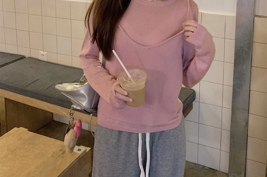 Mock Two-Piece Long Sleeve Crewneck Solid Knit Top