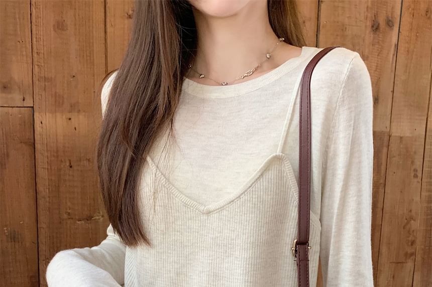 Mock Two-Piece Long Sleeve Crewneck Solid Knit Top