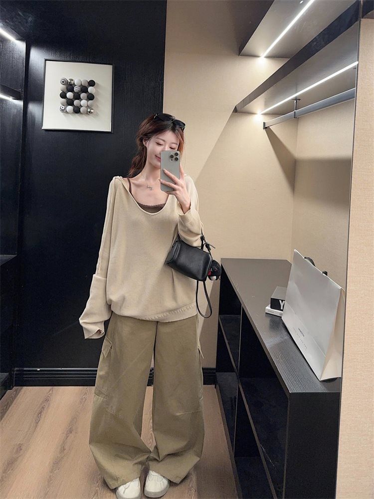 V-Neck Plain Drawstring Sweater / Lace Trim Cami Top / High Rise Baggy Cargo Pants