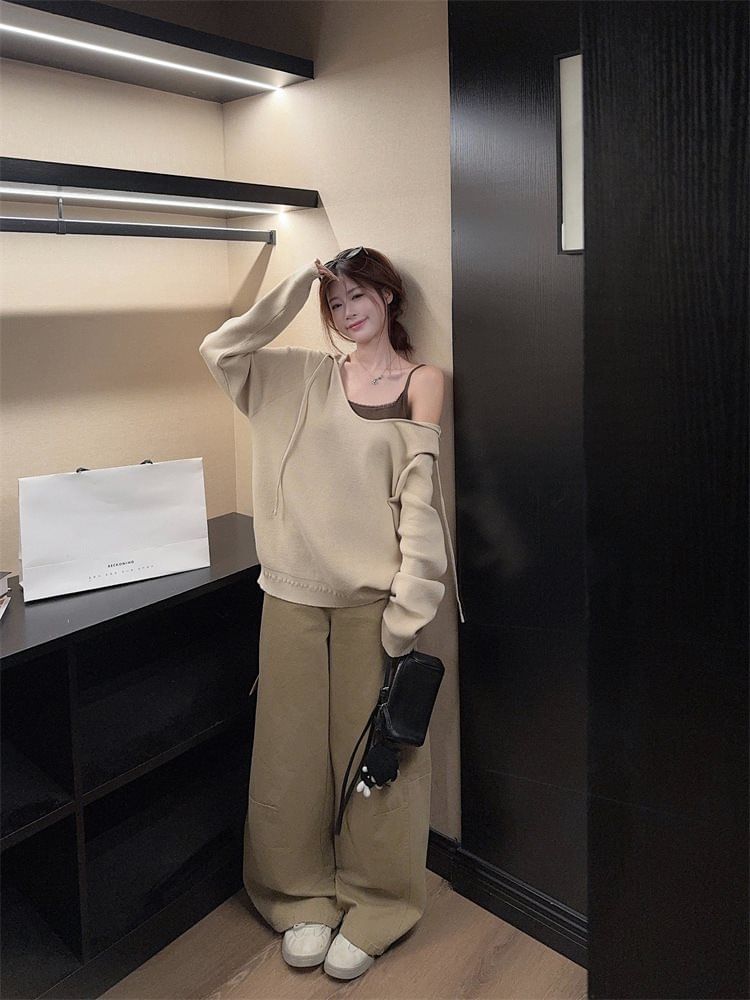V-Neck Plain Drawstring Sweater / Lace Trim Cami Top / High Rise Baggy Cargo Pants